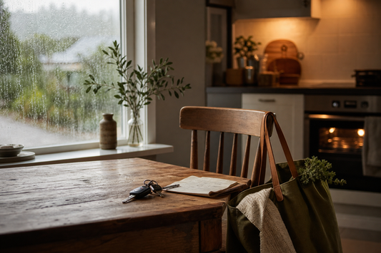 Rainy New Zealand kitchen morning with car keys, a shopping list and a warm oven glow.